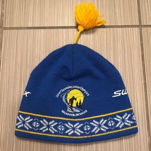 Swix blue yellow Ski Cap Beanie Tassel Hat Winter Sport Outdoor junior Olympics